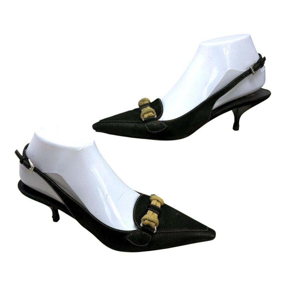 Prada Black Textured Leather Braided‎ Horse Bit Slingback Kitten Heels - Picture 11 of 11